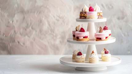 Elegant tiered cake stand with pastel desserts and raspberries minimal white sweet gourmet treat food display bakery celebration delicate aesthetic dessert