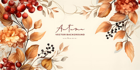 Wall Mural - watercolor autumn, fall, harvest day background with beautiful watercolor leaves and berries. horizo