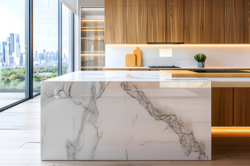 Modern kitchen interior with marble countertops, wooden cabinets, and a cityscape view in the background, concept of luxury living. 