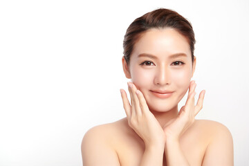 Wall Mural - Beautiful young asian woman with clean fresh skin on white background, Face care, Facial treatment, Cosmetology, beauty and spa, Asian women portrait.