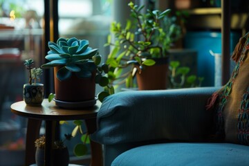 Wall Mural - A cozy reading nook with a Jade Plant (Crassula ovata) on a side table.