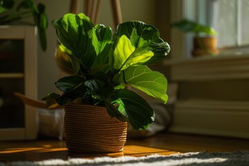 Wall Mural - A detailed shot of a Fiddle Leaf Fig (Ficus lyrata) in a sunlit corner of a room.