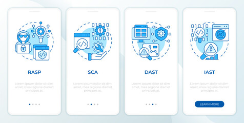 Wall Mural - Software security tools blue onboarding mobile app screen. Walkthrough 4 steps editable graphic instructions with linear concepts. UI, UX, GUI template. Montserrat SemiBold, Regular fonts used