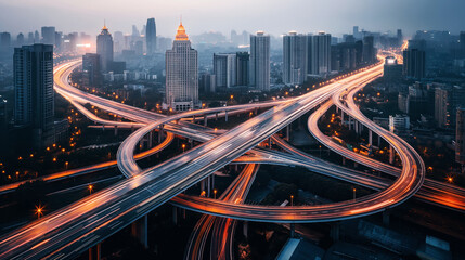 Poster - Aerial view of a busy, illuminated multi-level highway interchange in a city with tall buildings and a hazy skyline at dusk.