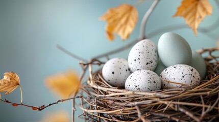 A close-up of a bird's nest with speckled eggs.