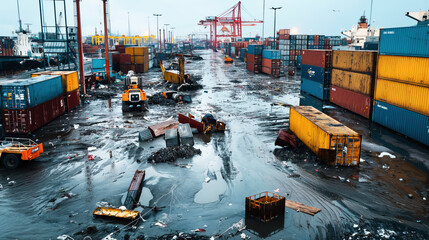 Sticker - A busy shipping container port after a storm with scattered containers, debris, and heavy machinery working.