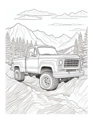 A coloring book page of an old school truck offroading in the mountains, with detailed lines for adults to color