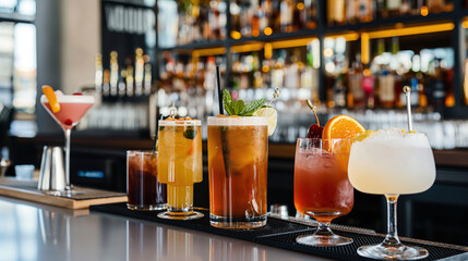 Poster - Variety of colorful cocktails with fruit and herb garnishes on a bar counter, in front of shelves with bottles of liquor.