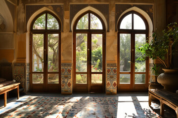 Wall Mural - A historical Islamic guest room with large, arched windows framed by detailed stucco and tilework, creating a welcoming ambiance