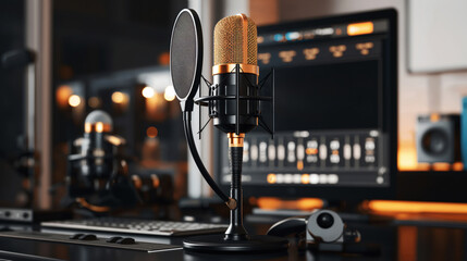 Wall Mural - A professional podcasting microphone with a pop filter set up in a modern recording studio. Background includes a computer screen with audio editing software.