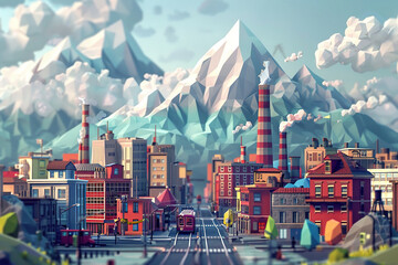 City panorama in the mountains in low poly art style. Generated by artificial intelligence