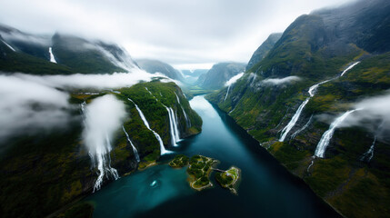 Wall Mural - Aerial view of a fjord with steep cliffs, multiple waterfalls, lush greenery, and low-lying clouds