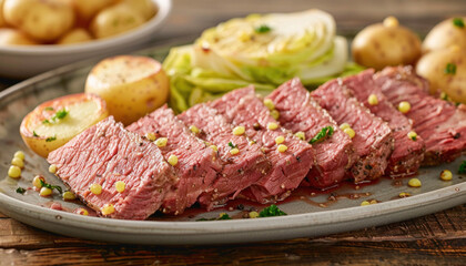 Poster - Plate on table with corned beef, potatoes, and cabbage looks delicious and inviting