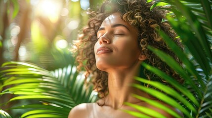 Wall Mural - A woman with curly hair is standing in a jungle