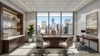 © pinporn manosri - Professional office environment with city skyline views.