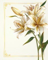 Elegant illustration of white lilies with green leaves and a gold decorative border on a light background.