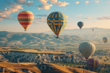 Wall Mural - Balloon Tourism, Air Balloons in Sky, Mountain Landscape with Ballooning, Turkey Landscape