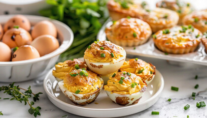 Poster - An appetizing dish of stuffed eggs featuring cheese and green onions is presented on a table