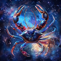 Wall Mural - Cancer Zodiac Sign, Crab Horoscope Symbol, Magic Astrology Lobster, Crayfish in Fantastic Night Sky