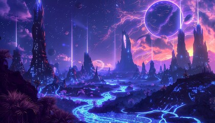 A magical planet with towering neon spires, bioluminescent vegetation, and rivers of liquid light under a sky filled with electric storms and glowing satellites.