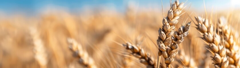 Golden wheat field under a clear blue sky highlighting the beauty of nature and agriculture in a vibrant setting.