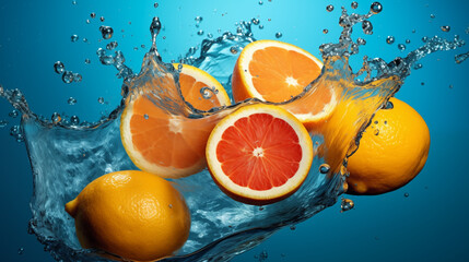 Fresh orange halves falling in water with splash isolated on blue background.