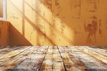 Empty table for product presentation on brown wall background.