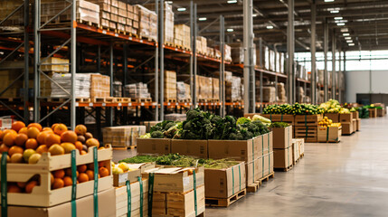 Canvas Print - Interior of a large warehouse with fresh produce, including fruits and vegetables, stacked in cardboard boxes on pallets.