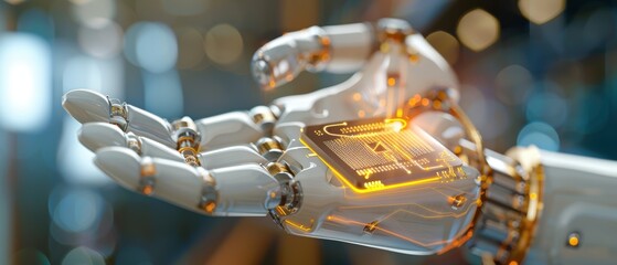 Wall Mural - cutting-edge technology: gold-plated robotic hand holding microchip with precision