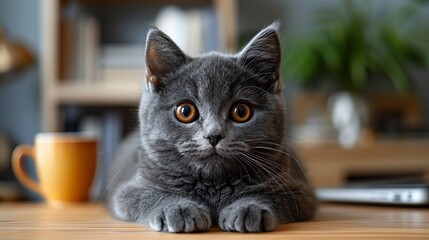 Wall Mural - Gray Cat on Wooden Desk