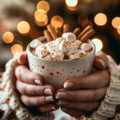 Wall Mural - Cocoa cup with marshmallows, wafer sticks. Chocolate drink in hands closeup, holiday winter dessert