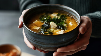 Poster - A bowl of miso soup with tofu and green onions held by a person.