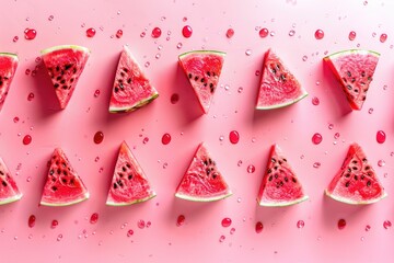 Wall Mural - Sliced watermelons arranged on a pink background