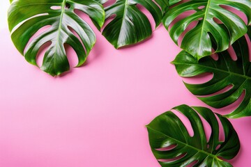 Wall Mural - Tropical Monstera leaves on pink background  top view.