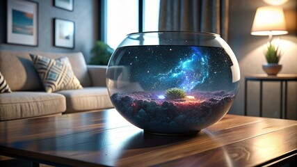 A fishbowl containing a miniature galaxy, sitting on a living room table. Generative AI.
