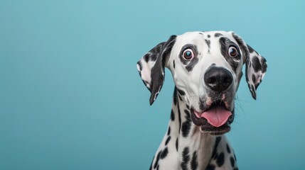 Wall Mural - Studio portrait of a dalmatian dog with a surprised face isolated on blue background