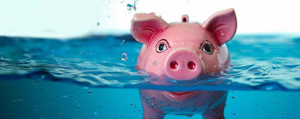 Piggy Bank Drowning in Water Symbolizing Financial Crisis, Debt, or Savings Risk, Blue Water Background, Midday Light, Struggling Finances Concept