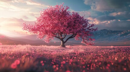 Wall Mural - Pink Blossom Tree in a Field