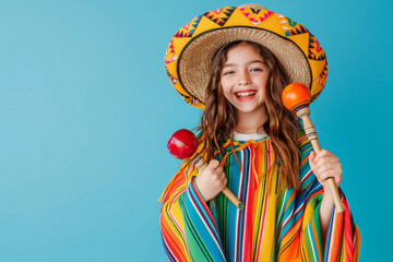 Woman with maracas, girl in Mexican sombrero hat and poncho singing on light blue background