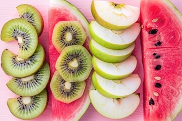 Wall Mural - Watermelon  apple and kiwi sliced on pastel pink background. Minimal fruit concept.