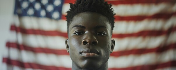 Sticker - Young Black male voter with American flag background. Free copy space for banner.