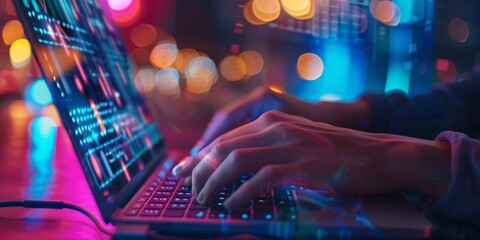 A close-up of a person's hands working on a laptop, with a focus on the illuminated keyboard and digital screen display