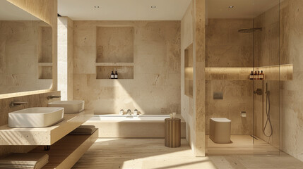 Modern hotel bathroom with bathtub, separate shower, and two sinks. Beige stone shelf holds toiletries and a side table.