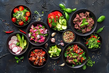 Poster - Spicy Salads Set, Salat Collection with Beef Meat and Vegetables Salats Top View, Restaurant Buffet Menu