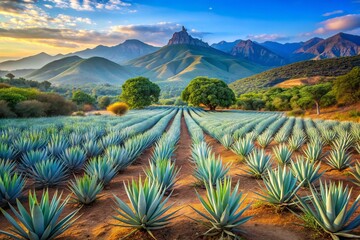 Traditional harvest of blue agave plants in stunning Jalisco landscape, with majestic mountains and lush greenery, under radiant Mexican sunlight, awaiting tequila production.