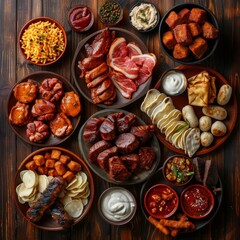 Wall Mural - Smoked Meat Snack Beer Set Top View, Barbecue Buffet of Sudzhuk, Horseflesh, Beef Jerky, Cheese