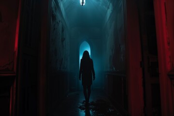 Silhouette of a Woman Walking Down a Dark Hallway.