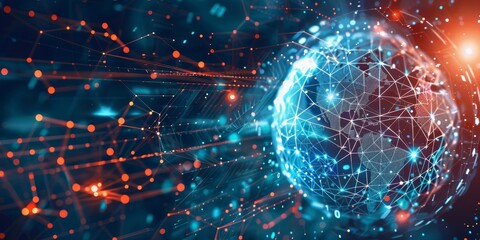 Innovative technology concept with a floating holographic globe displaying digital data and connections