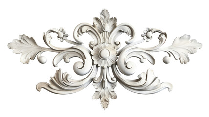 A white vintage baroque ornament on a transparent background as a decorative element in a 3D illustration with a clipping path.