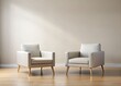 © Caitlin - Two modern armchairs stand alone in a sleek, minimalist studio setting, surrounded by neutral background, ideal for adding text or graphics, evoking a professional meeting atmosphere.